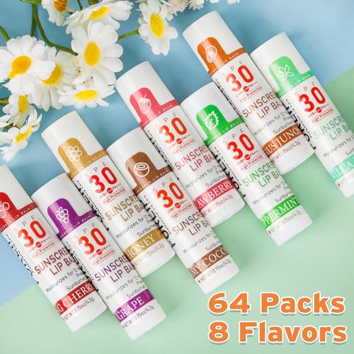 SPF 30 Lip Balm with Sunscreen, SPF Lip Balm Bulk Travel Size-64 Pack, Hydrating Lip Balm Pack with Vitamin E and Coconut Oil- 8 Flavors