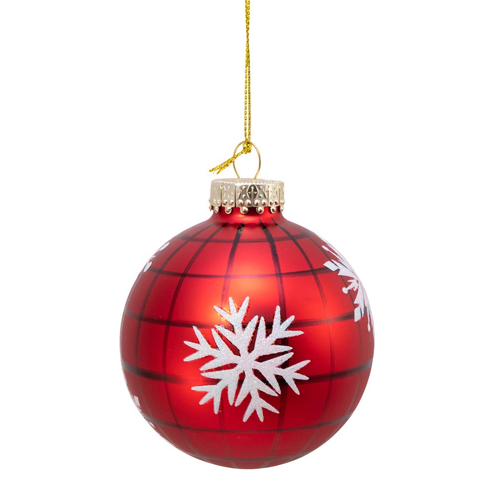 Kurt S. Adler Kurt Adler 80MM Plaid with Snowflakes Glass Ball, 6 Piece Box Ornament, red, Black, White, Christmas