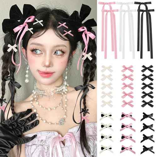 Mini Hair Bows for Women Girls Cute Hair Clips Small Alligator Long Tail Hair Ribbon Accessories -3 Styles -36P - Black White Pink