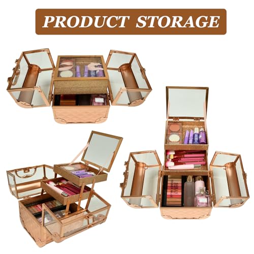VETALLO Travel Makeup Case Organizer, Protable Cosmetic Case Storage with 2 Trays Mirror,Makeup Train Case Organizer,Make Up Box,Makeup Train Case for Nail Jewellery Vanity Storage Case