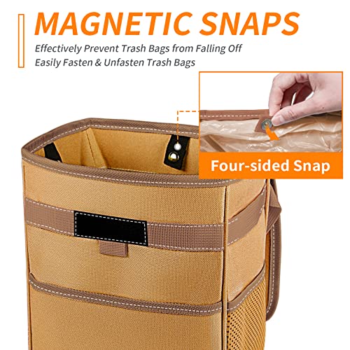 HOTOR Car Trash Can with Lid, Brown, 2 Gallon Capacity, Waterproof and Leak-Proof Design, Magnetic Snaps for Easy Replacement of Trash Bags