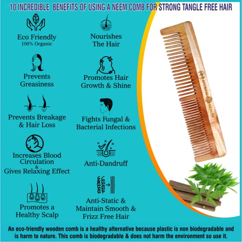 AYUSHYA HEALTH Handmade Neem Wood Comb for Women and Men, Wide Tooth, Anti Dandruff, Dual Teeth, Handcrafted, Ecofriendly, Hair Friendly, 7 Inch, Pack of 1