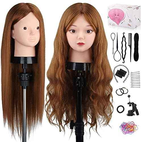 Mannequin Head with 80% Human Hair, TopDirect 24" Brown Real Hair Cosmetology Mannequin Head Hair Styling Hairdressing Practice Training Doll Heads with Clamp Holder and Tools