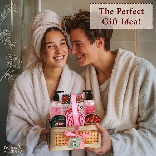 Freida & Joe Peony Spa Gift Set Bath & Body Gift Basket for Women & Men | Shower Gel, Body Lotion, Body Scrub, Bath Salt | Relaxing Self Care Gift ? Mother's Day Gift for Mom