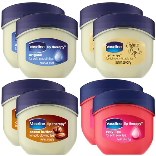 Vaseline Lip Therapy Rosy Lips, Cocoa Butter, Creme Brulee, Original - Vaseline Lip Balm, Tinted and Clear Lip Gloss Set, 2 of Each, 0.25 Oz Ea (8 Piece Set)