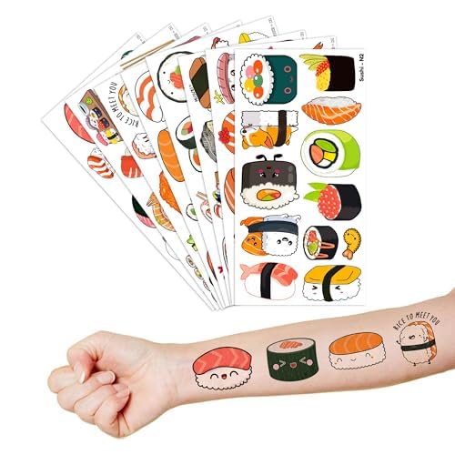 Sushi Temporary Tattoos 8 Sheets 96 PCS Sushi Roll Party Decorations Favors Supplies Japanese Theme Birthday Cute Stickers Christmas Gifts for Boys Girls Kids Class School Prizes Carnival