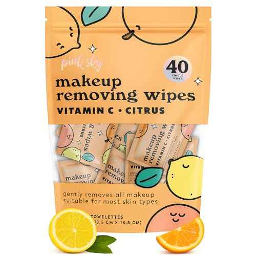 Pink Sky Makeup Remover Wipe for Face - Ultra Soft, Mini Makeup Wipes Individually Wrapped, Travel Makeup Wipe, Gently Cleanse & Remove, 40 Count (40 Wipes, VITAMIN C & CITRUS)