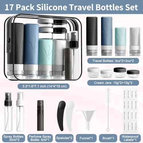 INSFIT 17pack Travel Bottles for Toiletries, TSA Approved Squeezable Silicone Liquid Containers for Shampoo Conditioner Lotion & Body Wash Vacation Travel Essentials with Labels