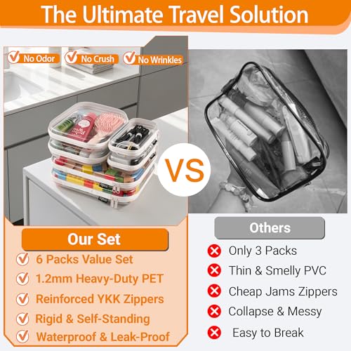 6 Pack Clear Hard Shell Storage Pouches - TSA Approved Organizer