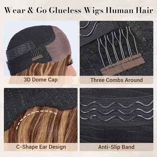 LuAiJa 26 Inch Glueless Ombre Lace Front Wig Human Hair Honey Blonde Wigs Human Hair Pre Plucked Pre Cut 9x6 Highlight Wig 200% Density #4/27 Loose Wave Wig for Women