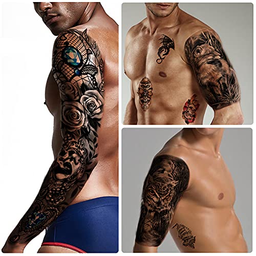 46 sheets Full Arm Skull Temporary Tattoos For Men Half Arm Shoulder Angel Tattoo for Ladies Fake Waterproof Wolf Lion Stone Tattoo Stickers For Adult or Kids