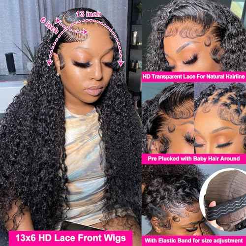 30 Inch Deep Wave Lace Front Wigs Human Hair 200% Density 13x6 HD Transparent Lace Front Wigs Human Hair Pre Plucked Bleached Knots Deep Curly Lace Frontal Wigs Glueless Wigs Human Hair
