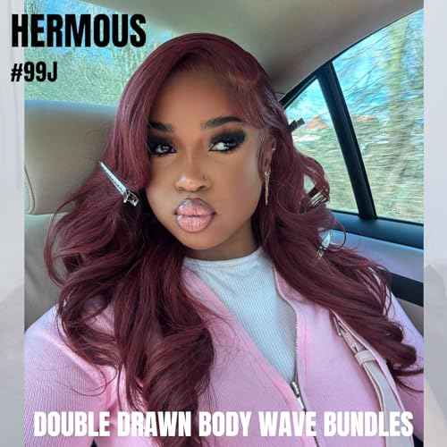 13A Double Drawn Dark Burgundy 99J Bundles Human Hair Body Wave with 2x6 Lace Closure deep part, 100% Raw Hair Wavy Extension Colored Cherry Red #99J 3 Bundles with 2 by 6 Closure 12 14 16+12