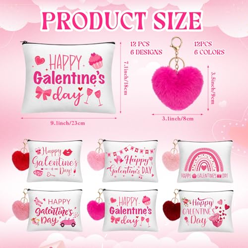 Landical 12 Sets Galentine's Day Makeup Bags Gifts Bulk for Woman Valentine's Day Canvas Bags with Zipper Pink Plush Heart Keychains Galentines Party Favors Supplies for Friends Besties Ladies