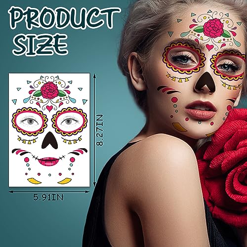 Day of the Dead Face Temporary Tattoos - 9 Sheets Skull Stickers