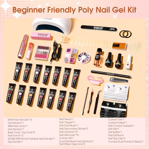 ROSALIND Poly Nail Gel Kit with Drill -14 Colors + 75 Nail Art Accessories Kit Nude Pink Series Poly Gel with Big Uv Light 48W and Electric Nail Drill Poly Nail Gel Starter Kit with Everything Gift