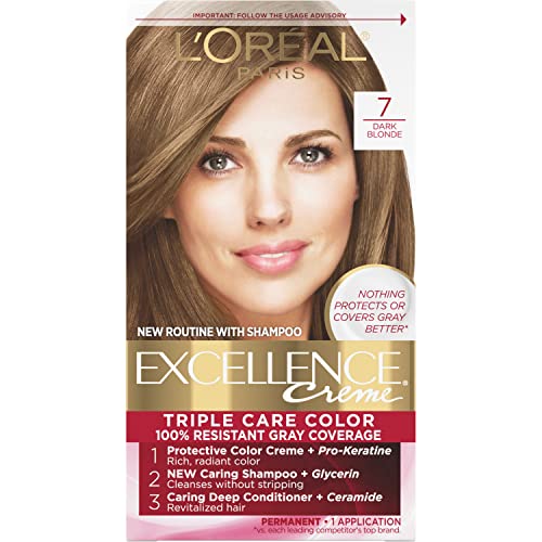 L'Oreal Paris Excellence Creme Permanent Triple Care Hair Color, 7 Dark Blonde, Gray Coverage For Up to 8 Weeks, All Hair Types, Pack of 1