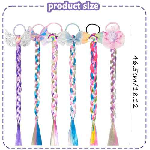 6 Pcs Rainbow Color Braids Hair Extensions - Ponytails & Bows with Rubber Bands - Glitter Braided Wig - Cosplay Hair Accessories for Girls & Women
