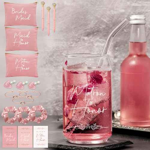 56 pcs Bridesmaid Gift Set, Pink: 16oz Glass Cups, Makeup Bags, Invitation Cards, Scrunchies, Hair Bracelets, Diamond Pens, Love Clips - Perfect for Bridesmaids or Special Occasions