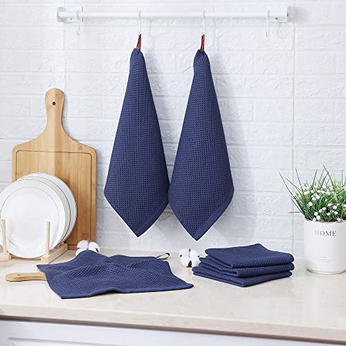 Kitinjoy 100% Cotton Kitchen Dish Cloths, 6 Pack Waffle Weave Ultra Soft Absorbent Dish Towels for Drying Dishes Quick Drying Kitchen Towels Dish Rags, 12 X 12 Inches, Navy Blue