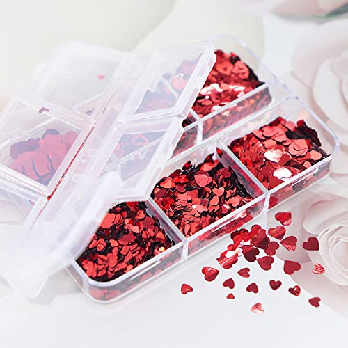 Red Heart Nail Art Glitters for Valentine's Day 3D Holographic Sparkles Heart Shape Nail Glitter Sequins Hollow Love Heart Flakes Sticker Confetti Glitter for Nail Decoration Eye Face Body DIY Crafts