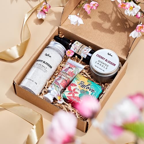 Gifts for Women BFFLOVE Gift Set for Women 5pcs Cherry Blossom Spa Set, Birthday Gifts for Women with Massage Oil, Scented Candle, Bath Salts, Hand Cream, Mothers Day Gifts