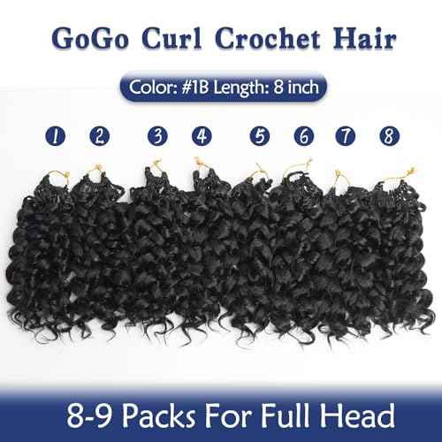 GoGo Curl Crochet Hair,8inch Pre Looped Water Wave Beach Curl Ocean Wave Crochet Braiding Hair,8pcs Box Braids Short Curly Crochet Hair for Black Women (8inch,#1B)