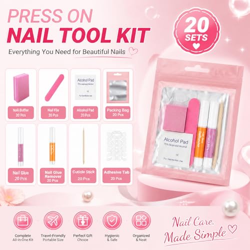 20 Set Press On Nail Prep Kit with Adhesive Tabs & Glue
