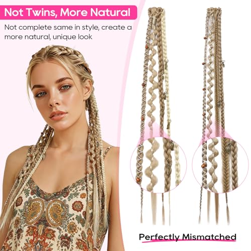 REECHO Clip in Braid Hair Extensions 16 Inch Medium Blonde with Light Blonde Beaded Boho Dreadlock Set, 2PCS