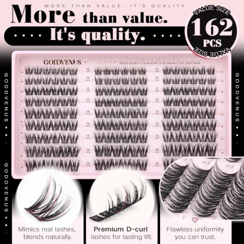 Goddvenus B-plush Lash Clusters Kit — Natural D-Curl False Eyelashes, 162 pcs with Bond & Seal