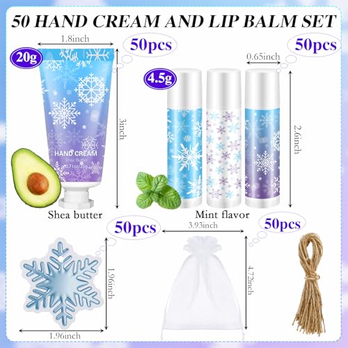 50 Set Christmas Winter Snowflake Hand Cream Lip Balm Bulk Set Woman Christmas Gift Include 50 Lip Balm 50 Hand Cream 50 Bag 50 Tag for Winter Xmas Stocking Stuffers