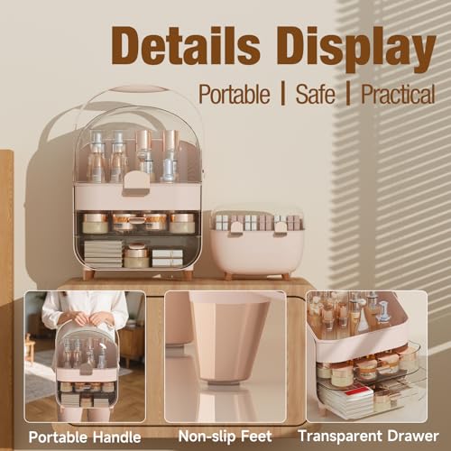 Makeup Organizer for Vanity with perfume Storage Box, Countertop Skincare Organizer with 2 Drawers, Cosmetic Display Case for Perfumes, Eyeshadow Palettes, Nail Polishes, Pink