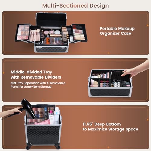 Frenessa 3-in-1 Vintage Black Rolling Makeup Case with Detachable Compartments