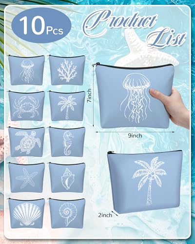 Coastal Ocean Themed Cosmetic Bag Set - 10 Pcs Beach Inspired Makeup & Toiletry Pouches