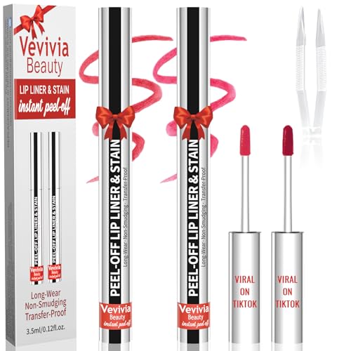 Vevivia 2pcs Lip liner Stain Peel Off,2-in-1 Lip Liner with Tweezer,Lip Stain Waterproof Long Lasting,Non-Fading Peel Off Lip Color,Stay On All Day,Perfect for Gift (Nude+Rose)