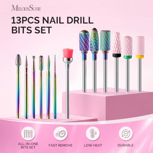 MelodySusie 13Pcs Nail Drill Bits Set - Pink & Colorful Tungsten, Ceramic & Diamond