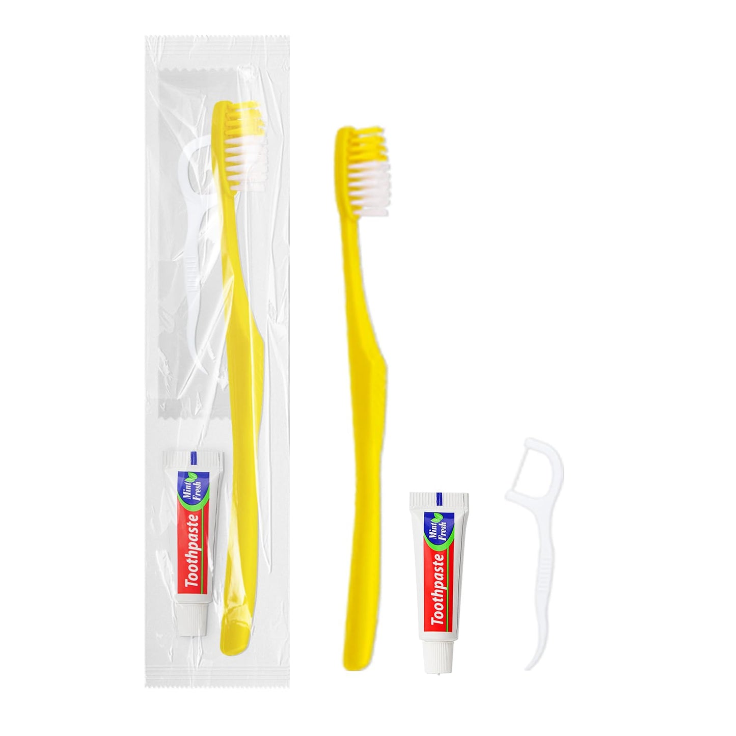 FAOEHN 100pcs Disposable Toothbrushes with Toothpaste and Floss,Yellow Bulk Single Use Toothbrush Floss Pick Individually Wrapped Disposable Travel Toothbrushes Kit for Homeless,Airbnb,Hotel,Guest