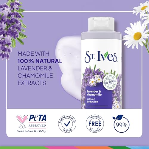 St. Ives Lavender & Chamomile Body Wash, Calming Body Care with 100% Natural Extracts, Moisturizing Body Soap, Daily Shower Gel Cleanser with Relaxing Floral Fragrance, 22oz