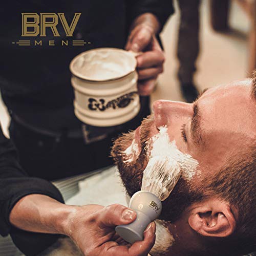 BRV MEN Pure Badger Shaving Brush (19mm knots) - Heavy Resin Handle - Use with Double-Edge Safety Razor, Straight Razor and Shaving Bowl (White)