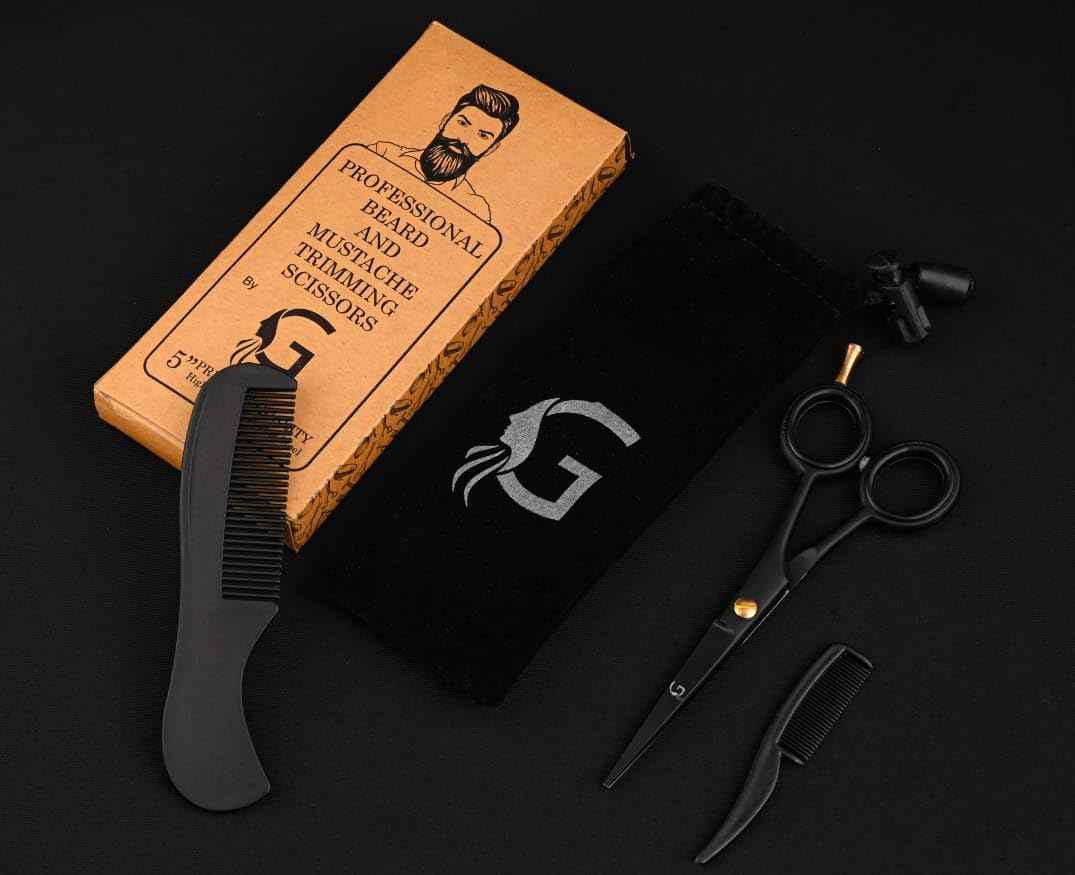 5” Professional Beard Mustache Scissors with 1 Beard Comb, 1 Mustache Comb - Prefect Mustache Trimming Scissors for All Facial Hair – Grooming Scissors for Men