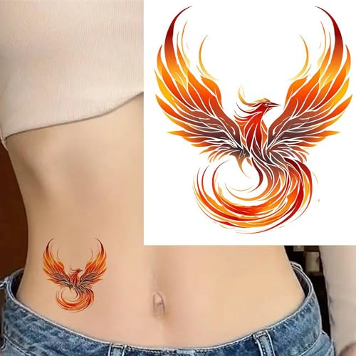 6 Sheets Temporary Fake Tattoos for Men Adults Flying Phoenix Fire Bird Abstract Rising Wing Temporary Fake Tattoo for Women Neck Arm Chest for Woman