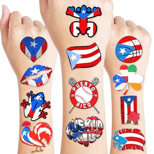 100PCS Puerto Rico Temporary Tattoos Puerto Rican Party Decorations Favors Supplies Themed Flag Stickers 10 Sheets Gifts for Baby Girls Boys Class School Carnival