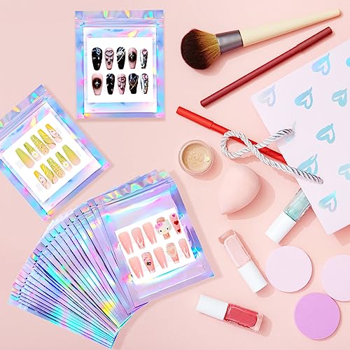 Press On Nail Packaging Bags Set - 100PCS Holographic with Cardboard