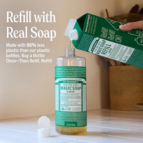 Dr. Bronner's Pure-Castile Magic Soap Liquid- Made with Regenerative Organic Certified Oils- For Body, Face, Hair, Dishes, Laundry, Vegan Bath Soaps for Men & Women, Non-GMO- Almond, 32oz + Refill