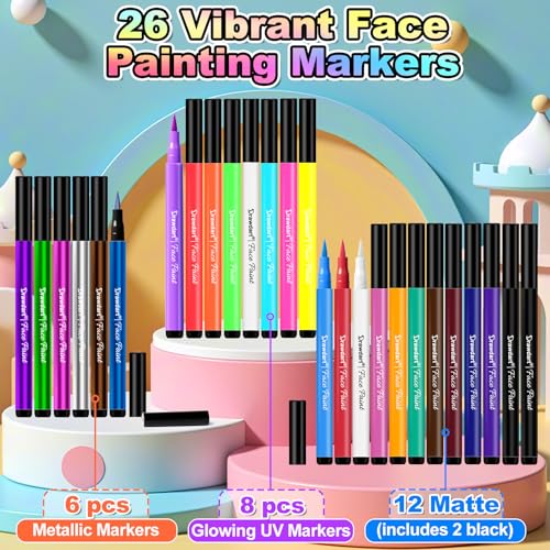 Drawdart 26 Pack Face Painting Markers - Non-Toxic, Water Resistant Colors