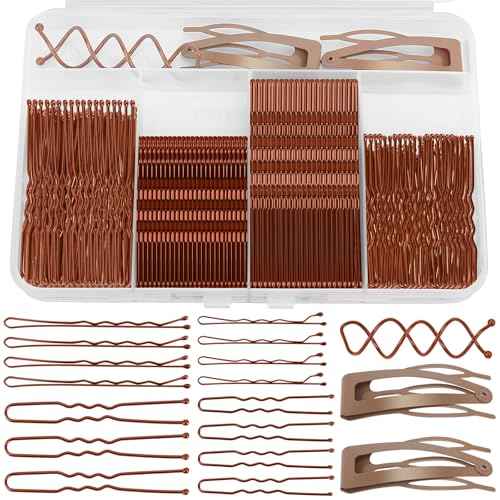 Bobby Pins Set Brown ? Hair Kit with U Shape Pins, Spiral Pin & Snap Clips, for Women & Girls, Ideal for Buns, Updos, Weddings & Parties
