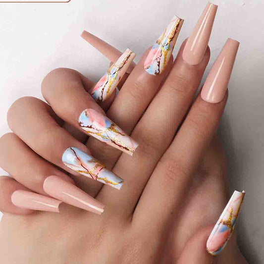 Outyua Marble Pattern Fake Nails Glossy Nude Coffin Extra Long Press on Nails with Designs Ballerina Acrylic False Nails Full Cover Nails 24pcs