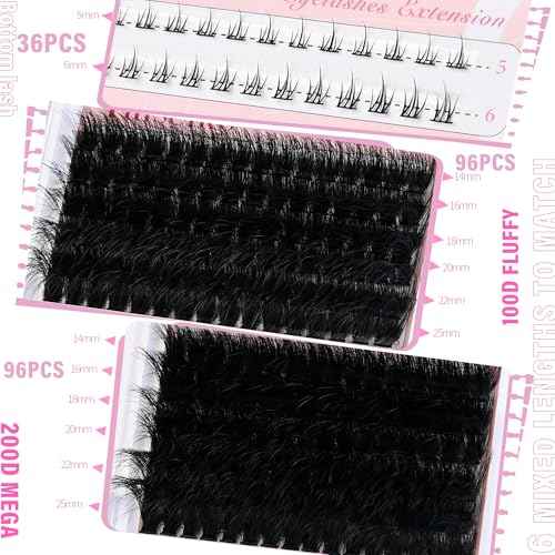 Fluffy Lash Clusters with Bottom Lashes 100D+200D Thick Eyelash Clusters 14-25mm Individual Mega Volume Lashes D Curl Cluster Eyelash Extensions DIY Lash Extension at Home, by Yaiseiko(Plant Fiber)