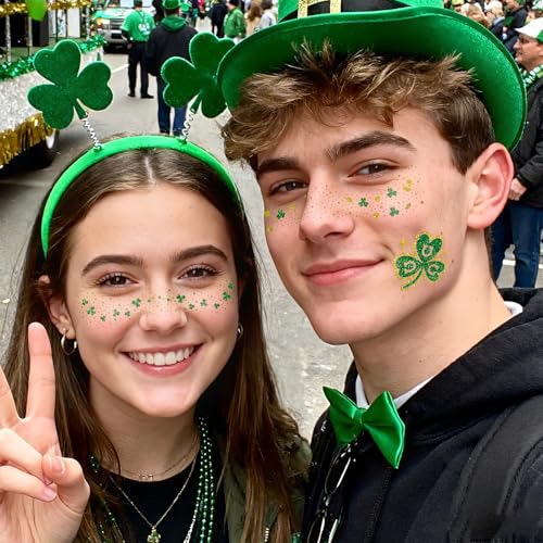 St Patricks Day Temporary Tattoos, 40 Pcs Glitter Shamrock Face Stickers