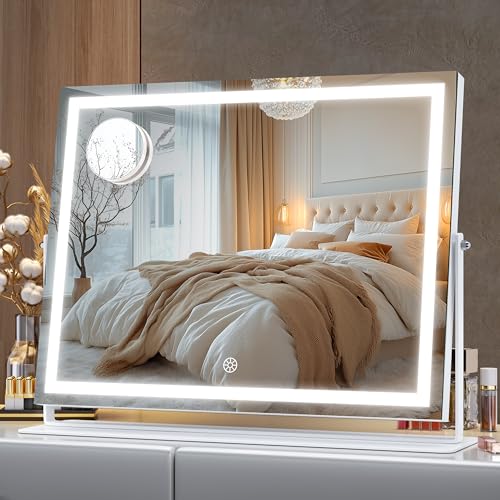 Hasipu 17.7" x13.8¡± LED Vanity Mirror with Lights - Touch Control Makeup Mirror with 10X Magnification, 3 Color Modes, 360¡Æ Rotation & Brightness Adjustment